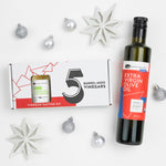 Mini sampler vinegar box and olive oil bottle with holiday ornaments