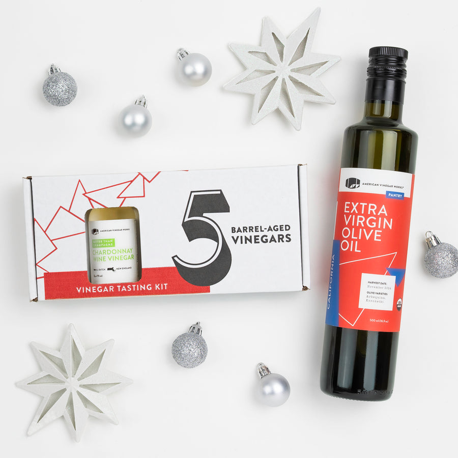 Mini sampler vinegar box and olive oil bottle with holiday ornaments
