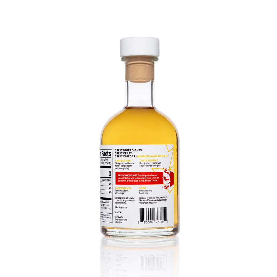 The back label of an American Vinegar Works California Sherry Vinegar bottle, showing nutrition facts, product description, ingredients, and a barcode.