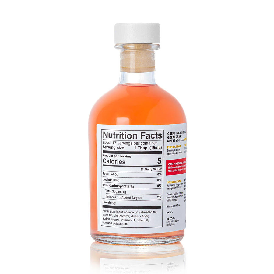 Back label of Desert Hibiscus Honey Vinegar showing nutrition facts, ingredients & product details.
