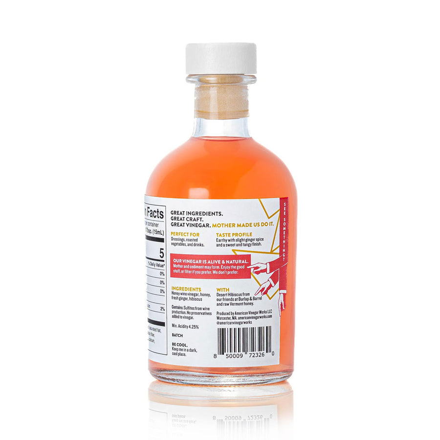 Back label of Desert Hibiscus Honey Vinegar detailing ingredients, taste profile & production info.
