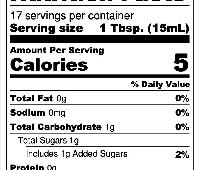 Nutrition label for Desert Hibiscus Honey Vinegar: 5 calories and 1g added sugar per 1 Tbsp serving.