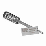 Stainless steel measuring spoons with the American Vinegar Works logo engraved on the handle tag.