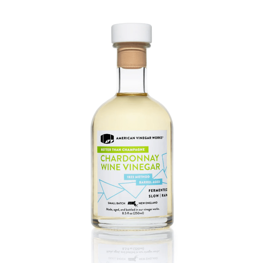 Front view of Chardonnay Wine Vinegar: white, green, blue 