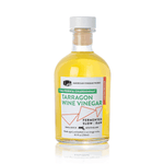 Front view of 8.5oz Chardonnay Tarragon Vinegar: yellow liquid white label with green/orange accents