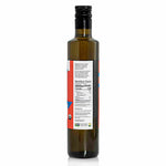 Side view of the American Vinegar Works California Organic Extra Virgin Olive Oil bottle, displaying the Nutrition Facts label, ingredients list, and USDA Organic certification.