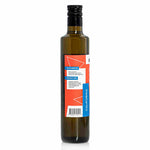 A back view of the American Vinegar Works California Organic Extra Virgin Olive Oil bottle, showing the taste profile, serving suggestions, and barcode.