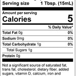 A Nutrition Facts label showing a serving size of 1 tablespoon (15mL), 5 calories per serving, 0g of total fat, 0mg of sodium, and 1g of total carbohydrates including 1g of total sugars.