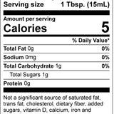 A Nutrition Facts label showing a serving size of 1 tablespoon (15mL), 5 calories per serving, 0g of total fat, 0mg of sodium, and 1g of total carbohydrates including 1g of total sugars.