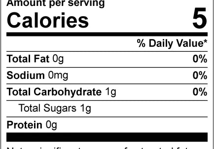 A Nutrition Facts label showing a serving size of 1 tablespoon (15mL), 5 calories per serving, 0g of total fat, 0mg of sodium, and 1g of total carbohydrates including 1g of total sugars.
