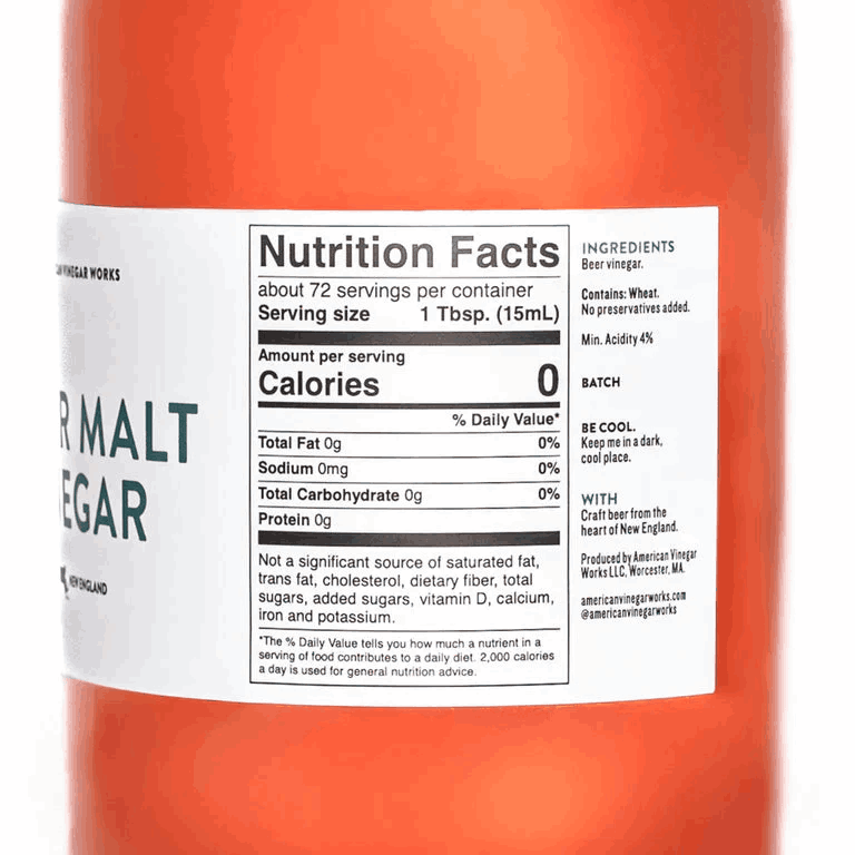 Back label of 1.1L IPA Beer Malt Vinegar, focusing on nutrition facts, ingredients & craft beer text
