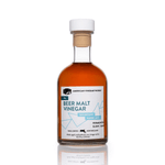 Front view of IPA Beer Malt Vinegar: white and blue barrel-aged label against a white background.