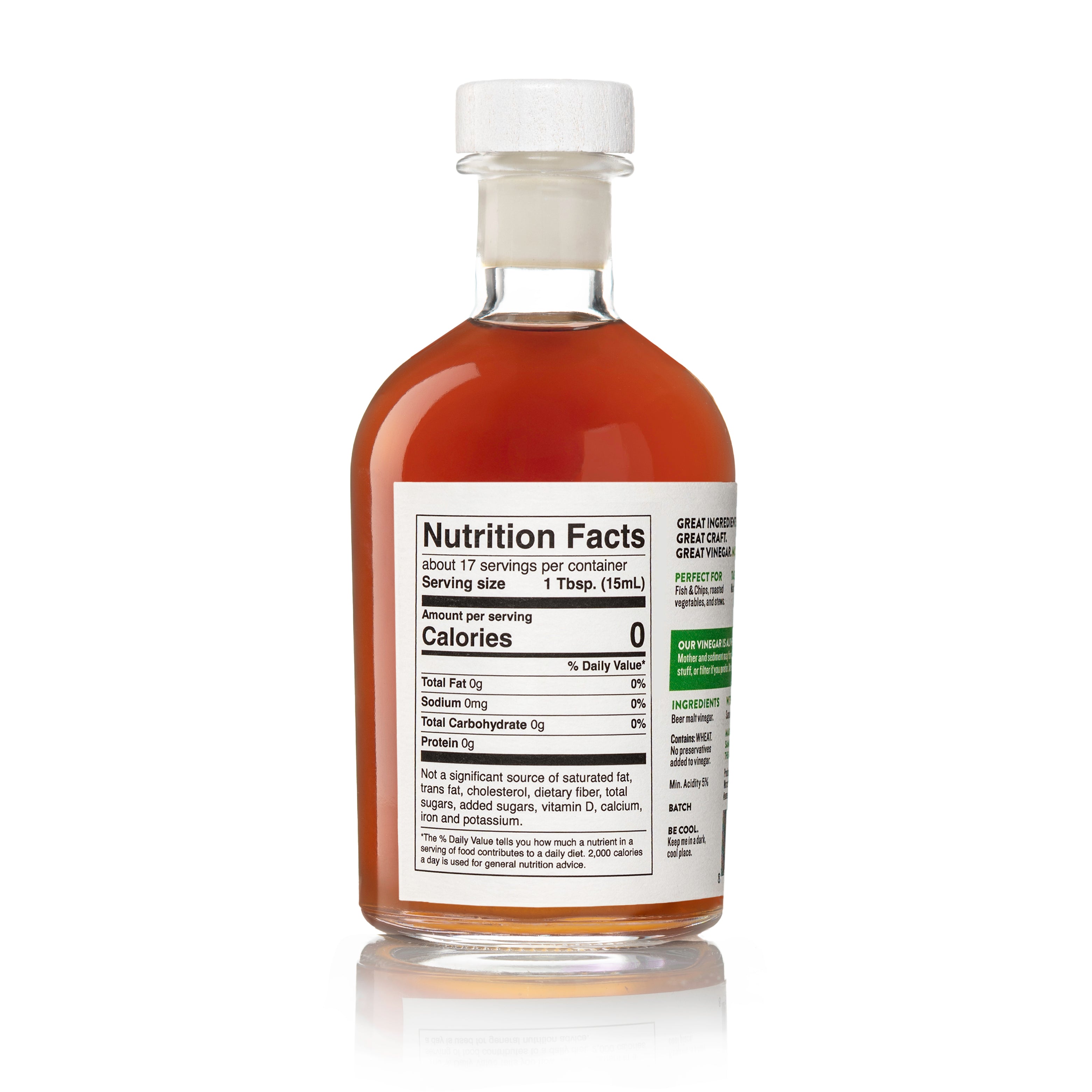 Bottle of Octoberfest Beer Malt Vinegar with a nutrition facts label on a white background