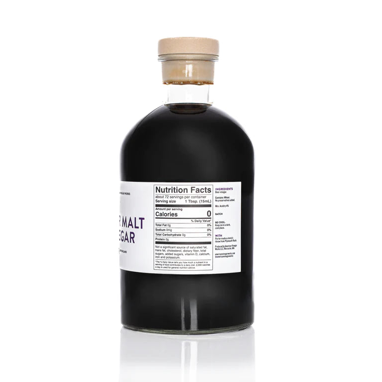 Back label of 1.1L Porter Beer Malt Vinegar bottle showing nutrition facts and wheat ingredient.