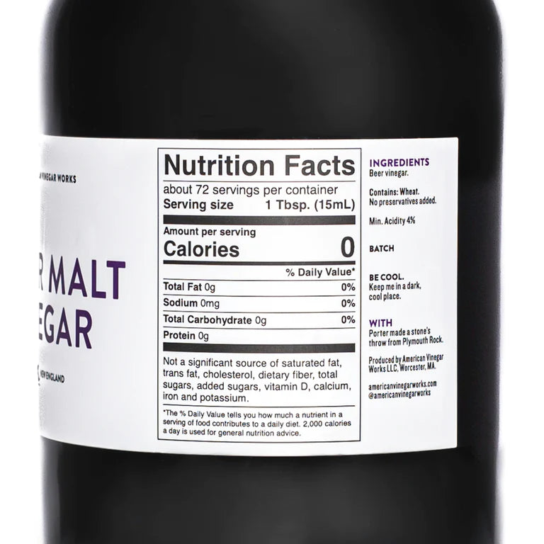 Back label of 1.1L Porter Beer Malt Vinegar showing 72 servings and Plymouth Rock flavor profile.