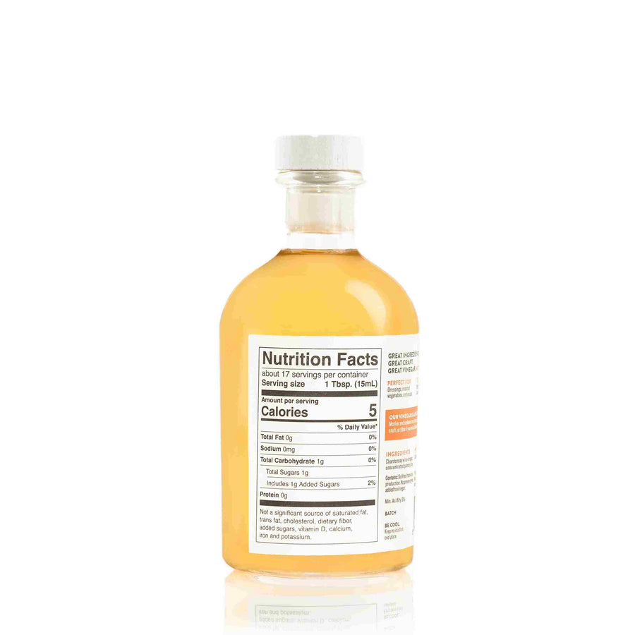 Back label of 8.5oz Quince Chardonnay Vinegar, showing ingredients and nutrition facts (5 calories).