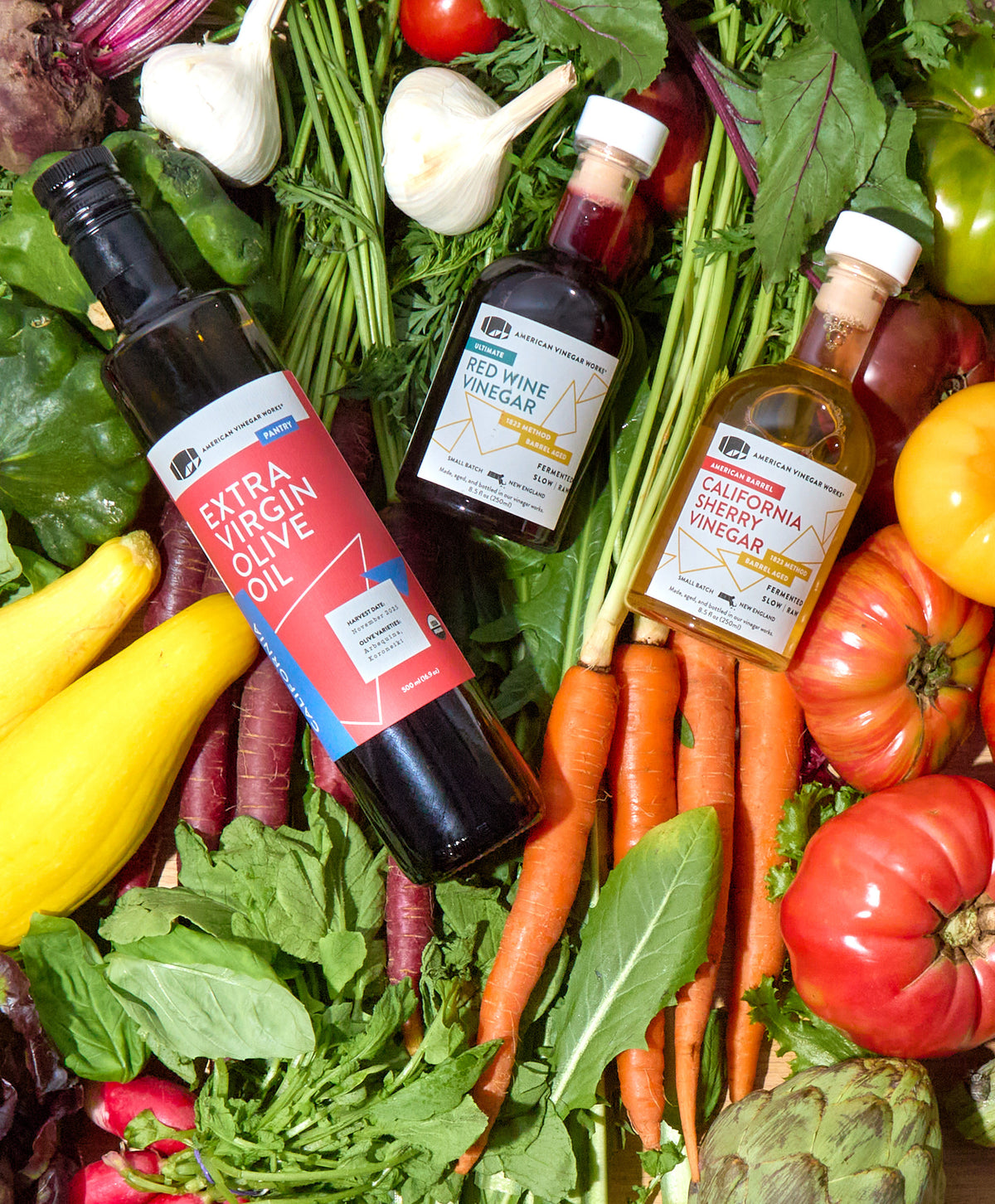 American Vinegar Works vinegar with market vegetables
