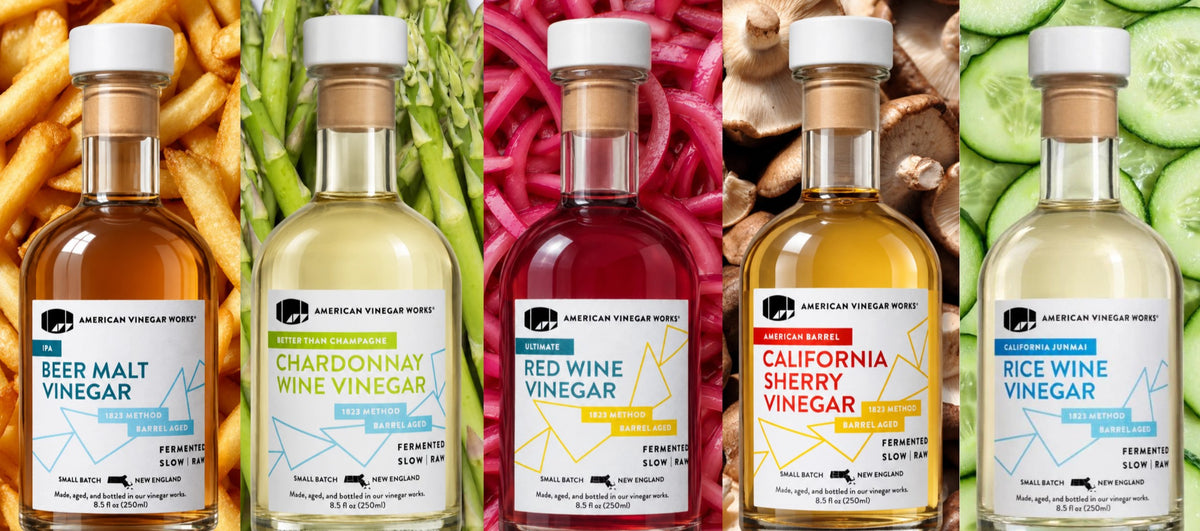 Five American Vinegar Works craft vinegars in 250ml glass bottles: IPA beer malt, Chardonnay, red wine, California sherry and California Junmai rice wine