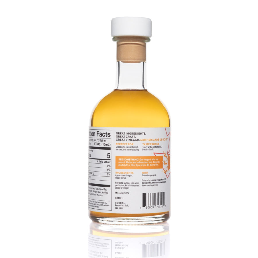 Back view of Maple Cider Vinegar with barrel-aged label on white background.