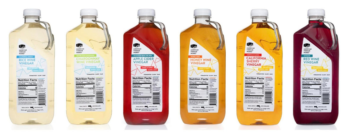 American Vinegar Works craft vinegars in 64 fl oz food service jugs