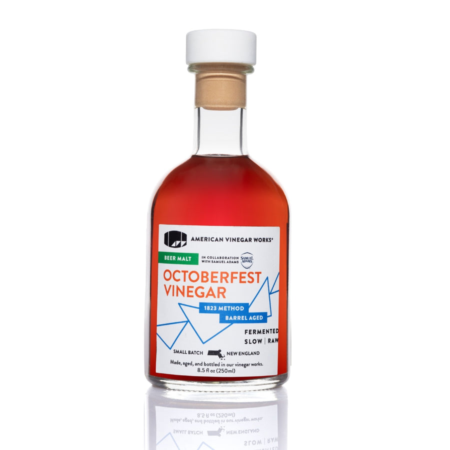 Octoberfest Vinegar 8.5oz glass bottle on white background — artisanal malt vinegar