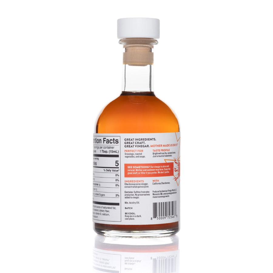 Quince & Chardonnay Vinegar bottle back view of label  — artisanal fruit wine vinegar
