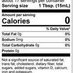 A clean, isolated close-up graphic of the American Vinegar Works Nutrition Facts panel, indicating about 17 servings per container with a 1 tablespoon serving size, 0 calories, 0mg sodium, and 0g total carbohydrates.